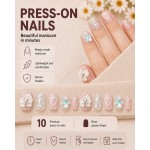 Nude‑Pink Short Square Press‑On Nails, Gentle Style False Nails with 3D Flowers, Hearts, Pearls & Glitter Rhinestones